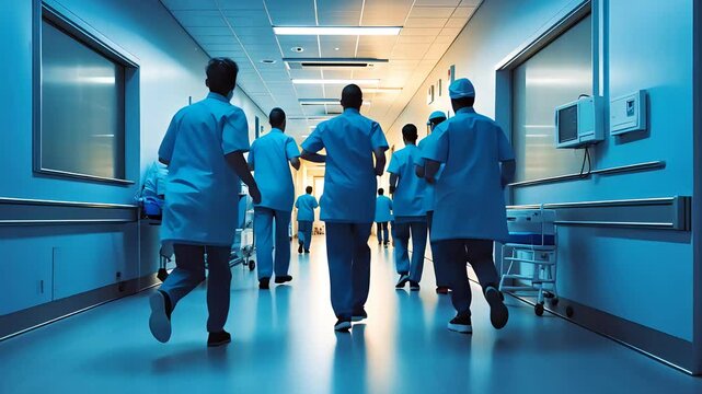Emergency medical team running down a hospital corridor during a crisis
