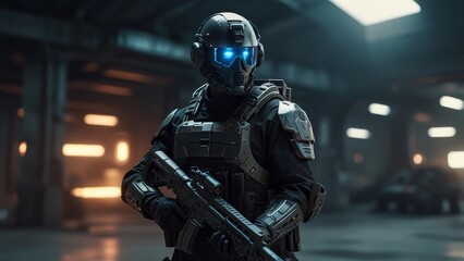 Soldier in futuristic armor with helmet and weapon, ready for battle.