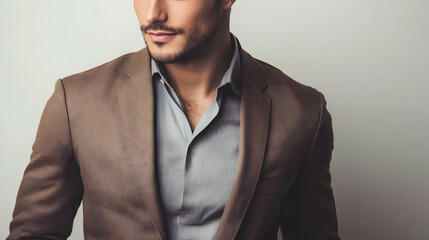A stylish businessman in a brown blazer with an elegant posture, looking away.