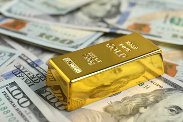 One shiny gold bar on dollar banknotes, closeup