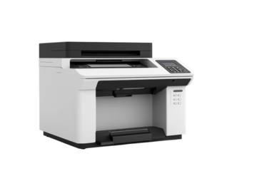Modern multifunction printer on a white background showcasing its sleek design and user-friendly interface for home or office use