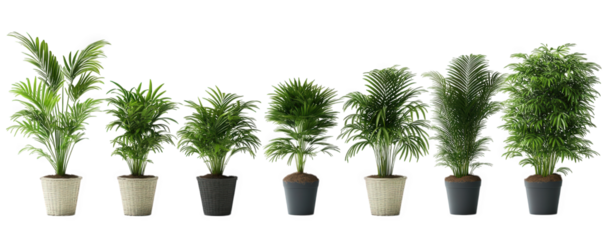a series of potted plants arranged in a line. featuring various styles and sizes of greenery. highlighting their decorative potential for indoor or outdoor spaces the plants are set against a minimali