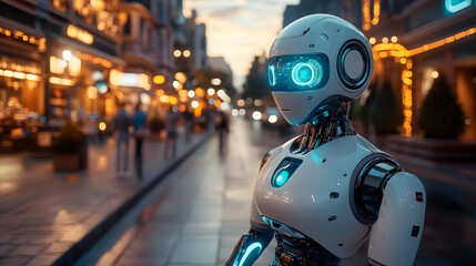 White Humanoid Robot on City Street at Night