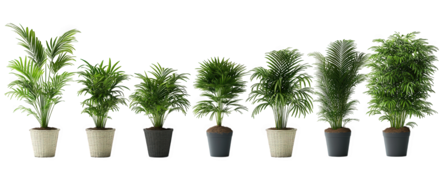 a series of potted plants arranged in a line. featuring various styles and sizes of greenery. highlighting their decorative potential for indoor or outdoor spaces the plants are set against a minimali