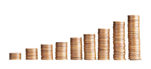 Stacks of different coins isolated on white