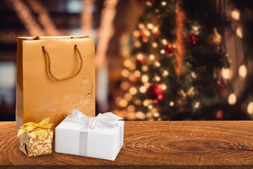 Christmas gifts on desk top, christmas background