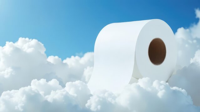 A roll of toilet paper sits amongst fluffy white clouds against a blue sky. Concept of: Absurd cleanliness.