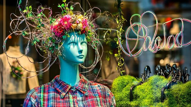 Mannequin display with floral headpiece and colorful attire in vibrant storefront setting