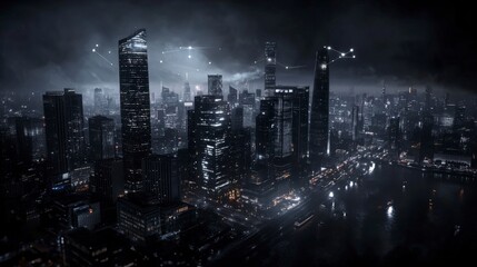 Futuristic skyscrapers in night city with digital lines