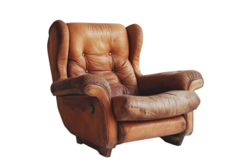 Vintage leather armchair with distinctive design and worn texture situated against a plain backdrop