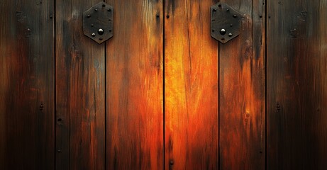 Fototapeta premium Aged Wooden Wall Panel with Metal Fasteners and Fiery Highlights