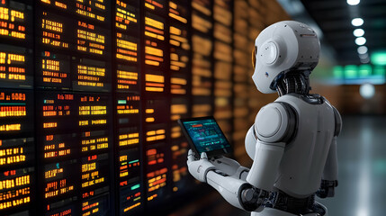 White Robot Analyzing Data on Tablet in Server Room