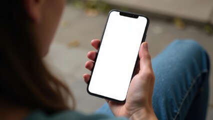 Woman holding a smartphone with a blank white screen. Concept of: Mobile content display. Smartphone Screen Mockup