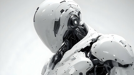 Fototapeta premium White Robot in Gray Helmet, Detailed Futuristic Design