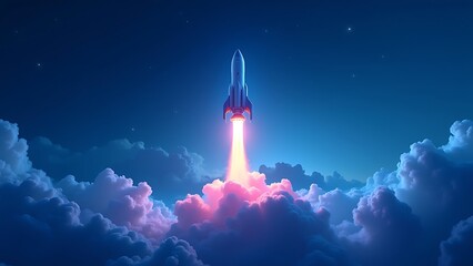 neon rocket launch over city - startup tech success