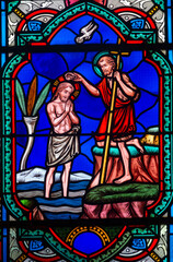 Fototapeta premium 2025-01-26, Église Saint Marc - Orléans, FRANCE. Stained glass (19th century) of Baptism of Jesus by John the Baptist in the Jordan river. 