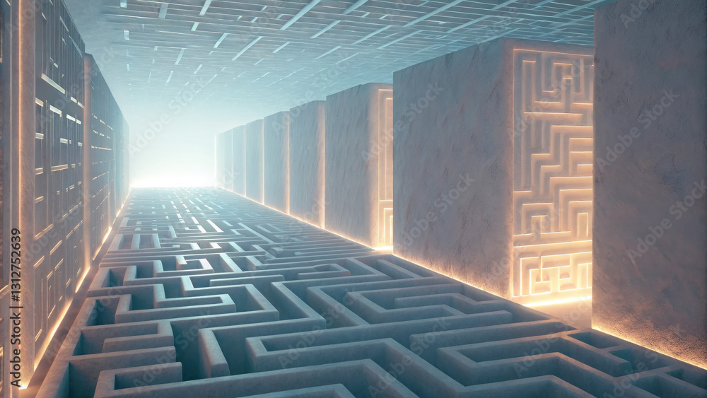 Poster glowing maze with illuminated walls creates surreal atmosphere. intricate patterns invite exploratio