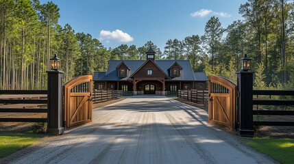 Luxury horse stable with wooden gate and scenic forest surroundings