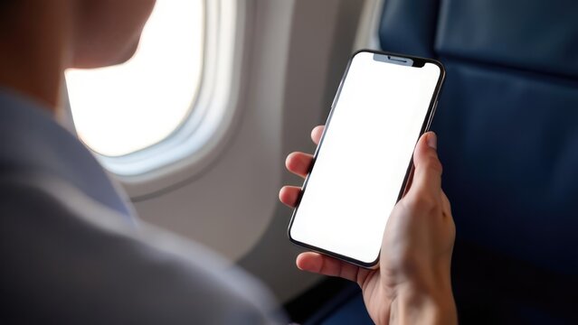 A person holds a smartphone with a blank white screen next to an airplane window. Concept of: In-flight entertainment. Smartphone Screen Mockup
