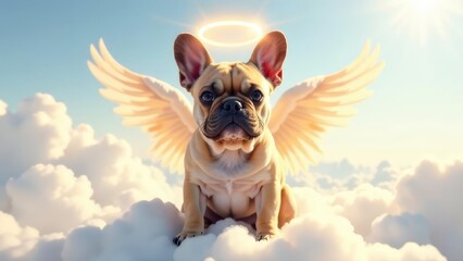 A French Bulldog with angel wings and a halo sits serenely on clouds in a bright sky. Concept of: Honoring the memory of loved pet. The concept of rest in peace. Pets passing away