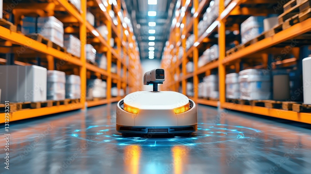 Poster an ai-powered cargo robot sorting items in an eco-friendly logistics hub.