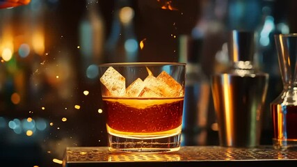 A bartender ignites a cocktail with flames, showcasing a vibrant bar atmosphere and blurred bottles