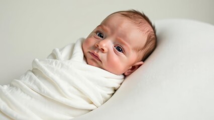A newborn baby is swaddled in a white blanket and lies on a soft, white cushion. Concept of: Pure innocence.