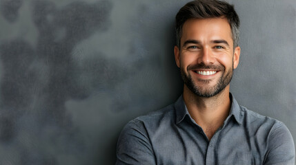 Fototapeta premium A smiling businessman in a blue shirt, standing against a textured dark background.