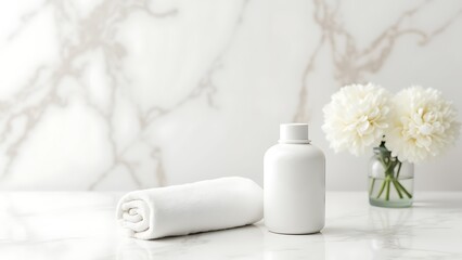 spa towel, bottle and vase with flowers on marble