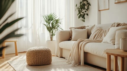 Beautiful minimalist living room with furniture and plants