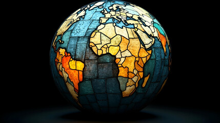 Stained glass Earth globe, continents, world map.