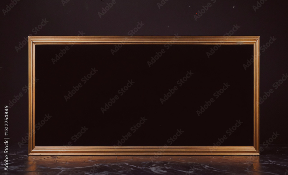 Poster large, empty frame with a black background. the frame is made of gold and is sitting on a marble flo