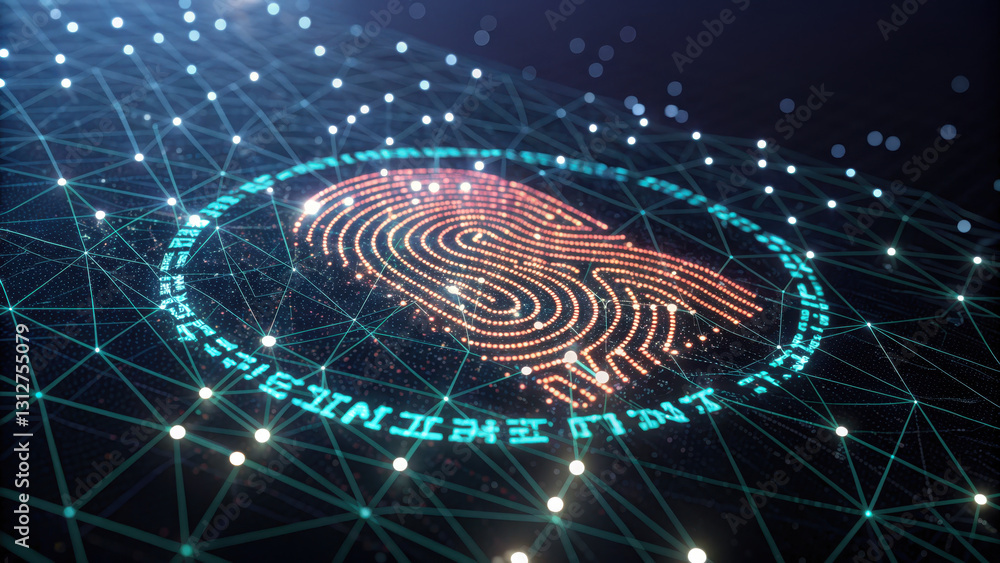 Poster high tech digital fingerprint design made of interconnected words and lines, symbolizing security an