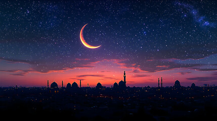 Starry night over a city of mosques at sunset