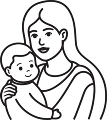 mother holding a baby line art, black outline, vector and illustration, coloring book page line art drawing