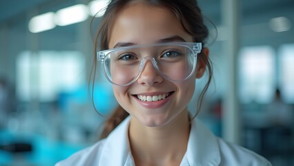 Fototapeta premium teen girl in safety glasses - smiling lab portrait
