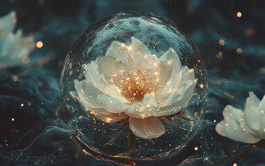 Glowing White Flower in Glass Orb on Dark Water