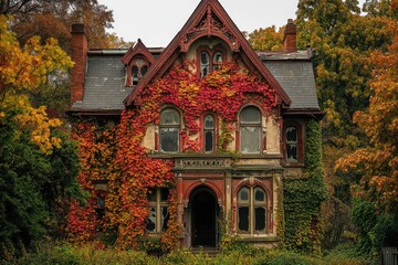 A derelict Victorian mansion, overtaken by autumnal ivy, stands as a testament to time's passage.