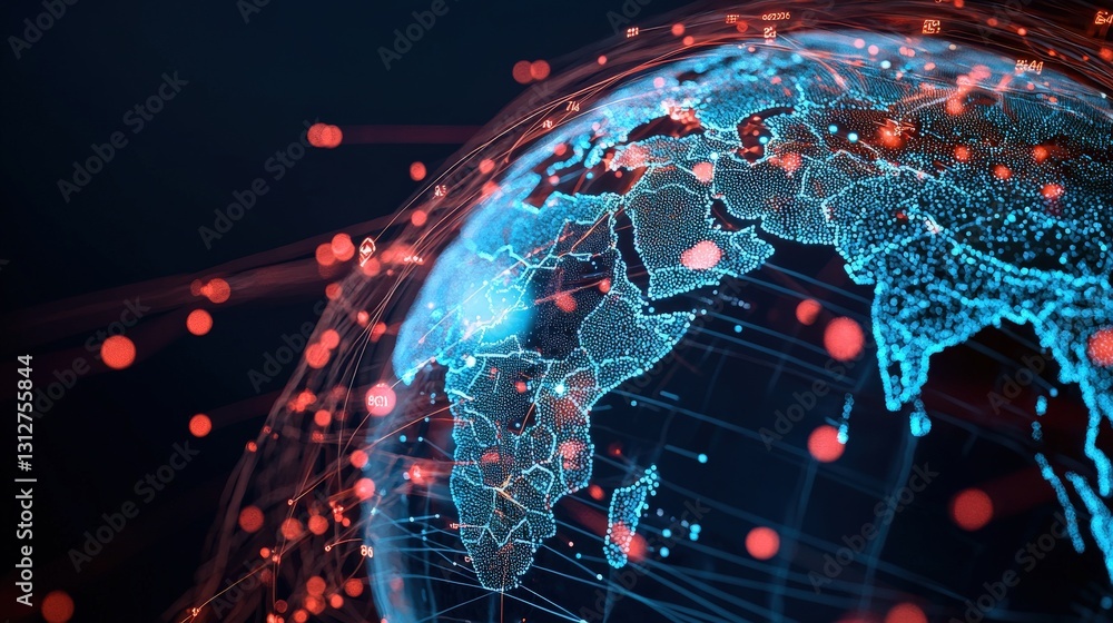 Poster an abstract visualization of global trade routes as glowing lines on a 3d globe.