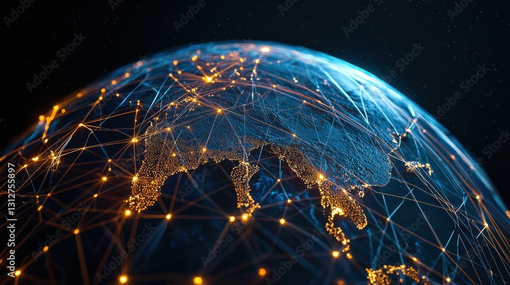 Aufkleber an abstract visualization of global trade routes as glowing lines on a 3d globe.
