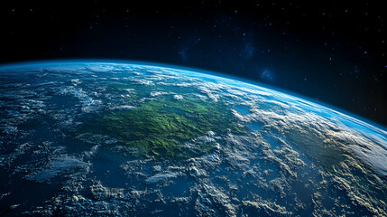 Stunning view of Earth from space, showing landmasses, clouds, and atmosphere.