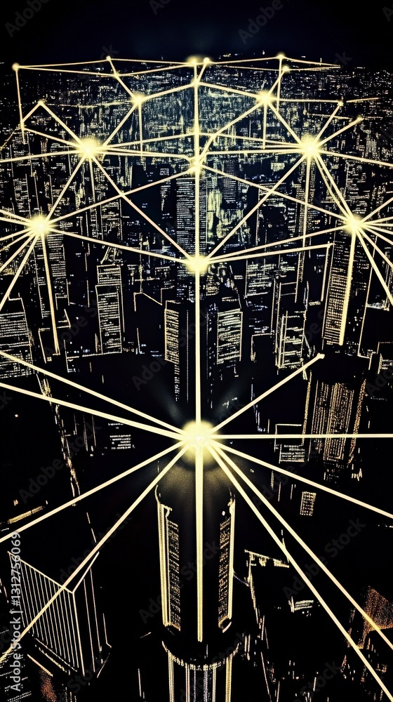 Poster bright data lines connect urban skyscraper network.