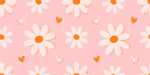 Cute daisy and heart pattern on pink background. Seamless vector illustration.