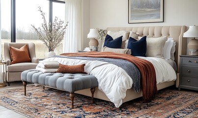 Beige Upholstered Bed in a Luxurious Bedroom with Navy and Burnt Orange Accents