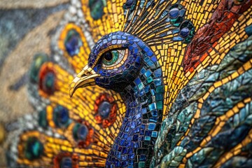 Obraz premium A vibrant mosaic artwork depicting a peacock's head and tail feathers in dazzling detail.