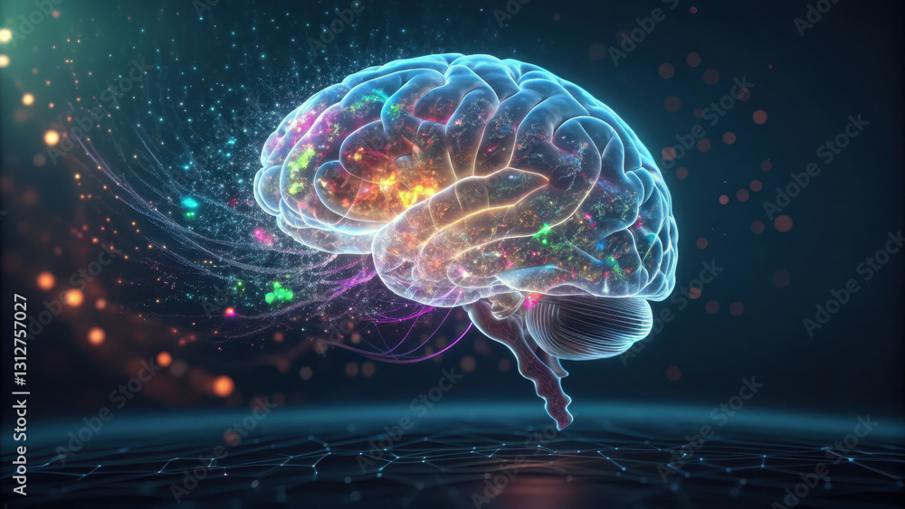 Poster holographic ai brain with vibrant colors and shifting patterns, representing advanced technology and