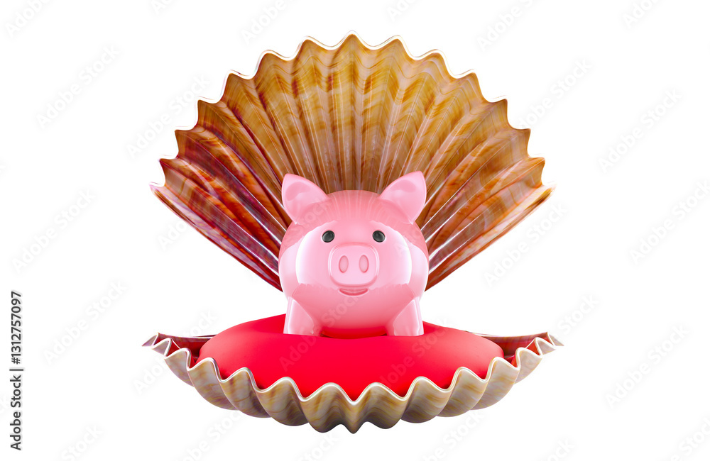 Poster shell with piggy bank inside. savings treasure, concept. 3d rendering isolated on transparent backgr