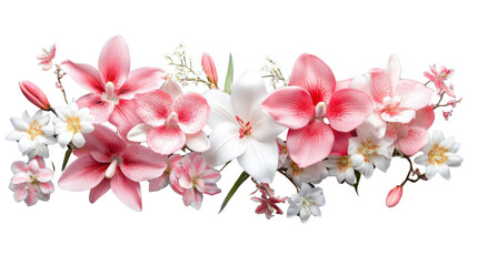 Pink and white flowers creating a beautiful floral arrangement on transparent background