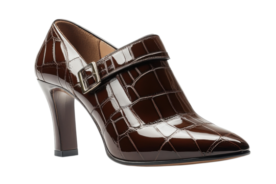 Elegant brown patent leather high-heeled shoe with crocodile pattern suitable for formal occasions in a stylish display setting