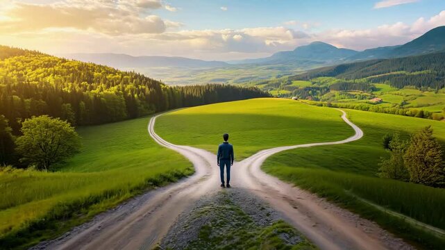 A man stands at a crossroads in a green rural landscape, contemplating choices as the sun sets behind distant mountains